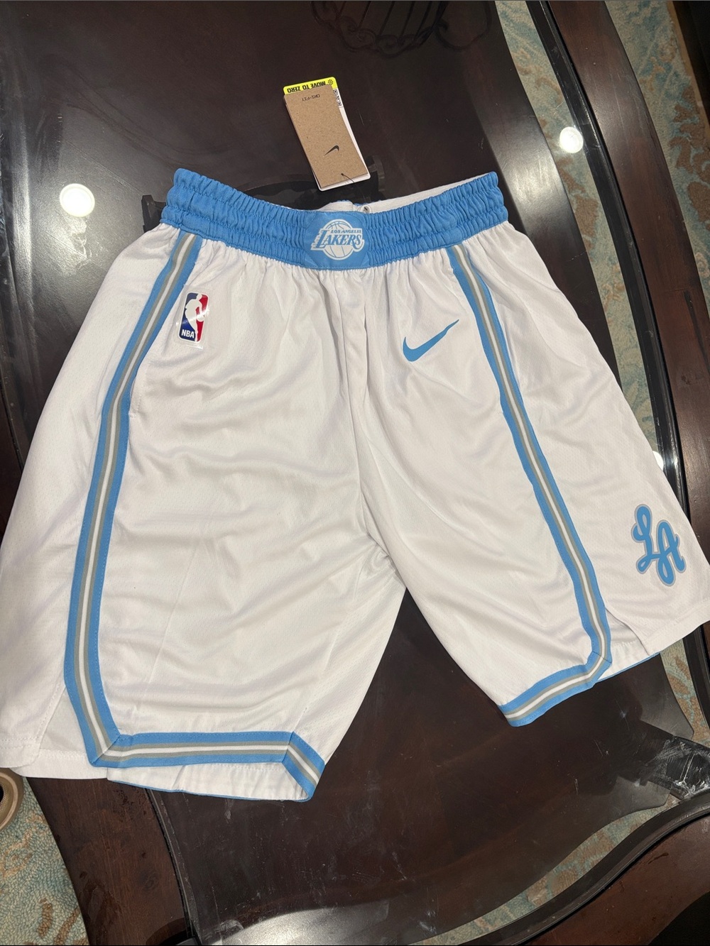 Nike Kids White & Light Blue Lakers Basketball Shorts